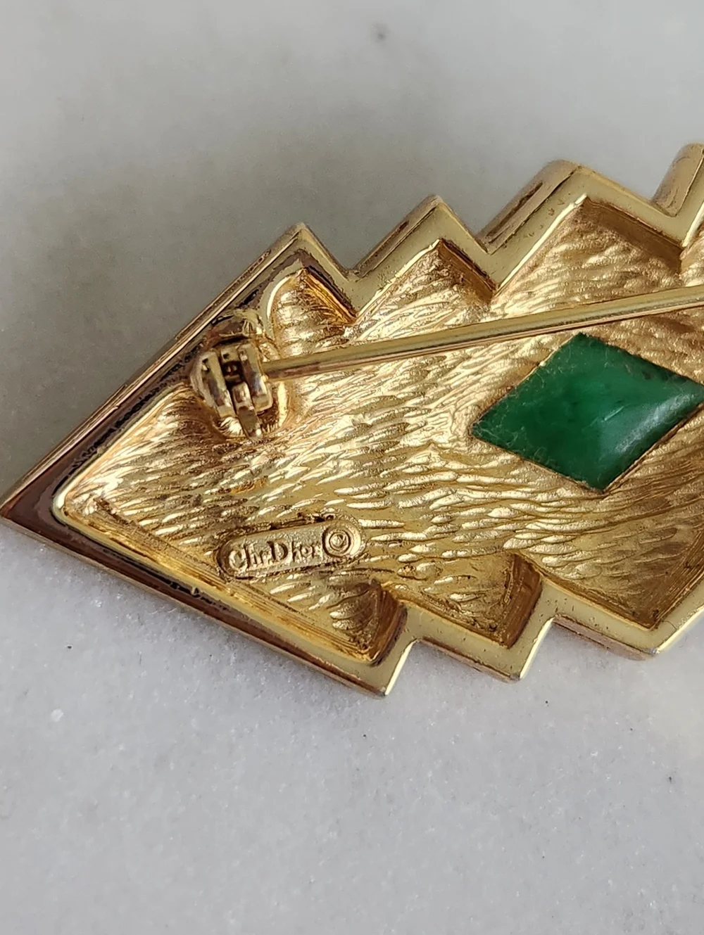 Christian Dior Gold Tone Geometric Brooch with Emerald Green Center and Crystals